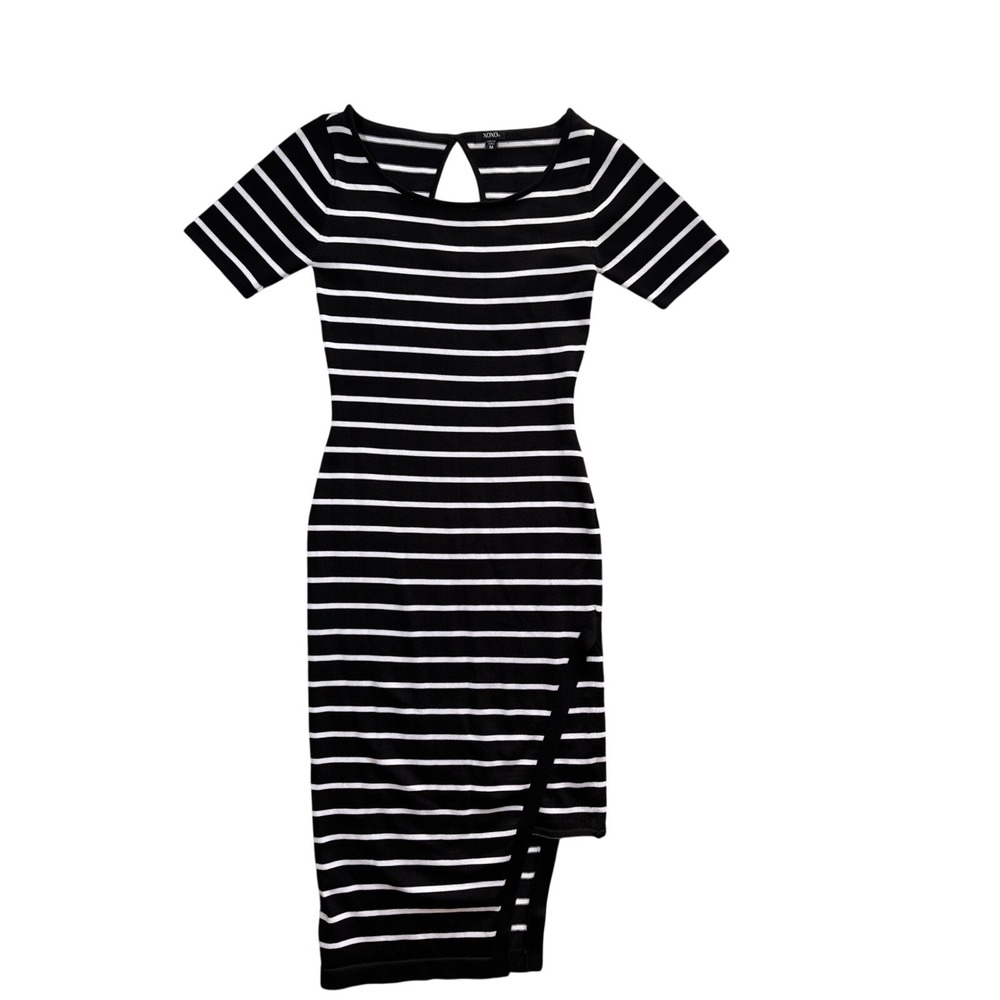 XOXO Women Black White Striped Knit Midi Bodycon Dress Short Sleeve‎ Keyhole M